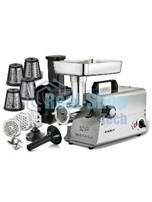Мясорубка электрическая HOLT HT-MG-010 серый, 3300 Вт, 3.5 кг/мин, реверс, насадки - 4