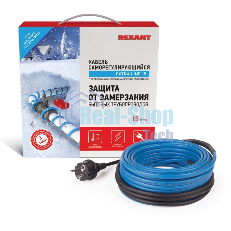 Греющий саморегулирующийся кабель Rexant на трубу 15MSR-PB 6M (6м/90Вт)