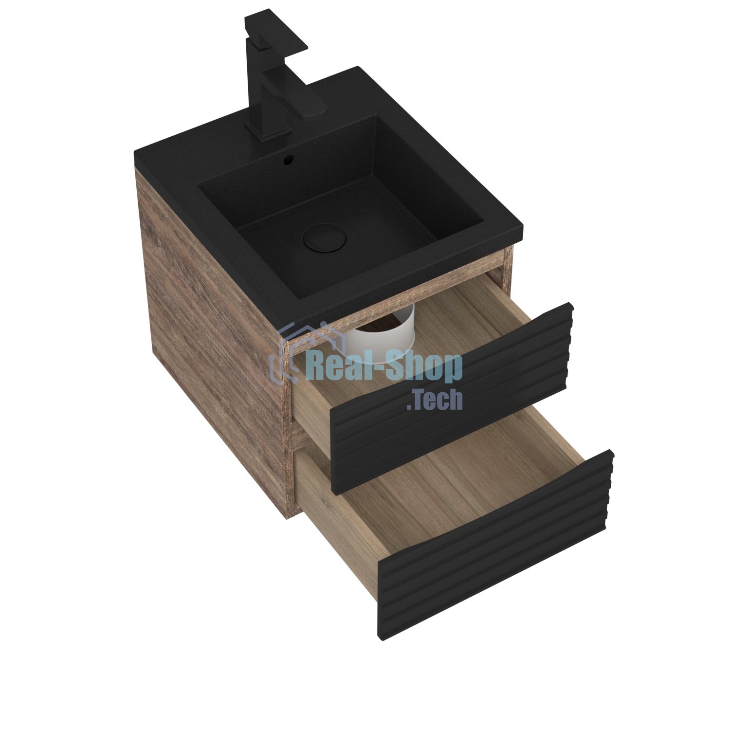 Тумба под раковину Bau Stil Loft black brushed, раковина кварцевая BAU Stil 40, черный металлик, смеситель Hotel Black, черный