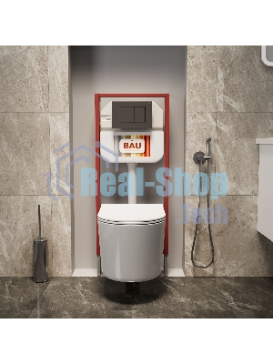 Комплект BAU 6 в 1: рамная инсталляция BAU NEO 45, унитаз подвесной безободковый Bau Hotel PRO, быстросъемное сиденье микролифт, кнопка смыва BAU Stil , черная матовая