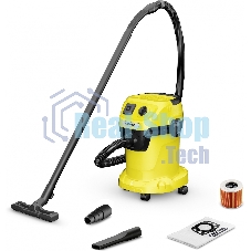 Строительный пылесос Karcher WD 3 P V-17/4/20 желтый, 1000 Вт, уборка сухая/сбор воды, пылесборник мешок/контейнер, 17 л