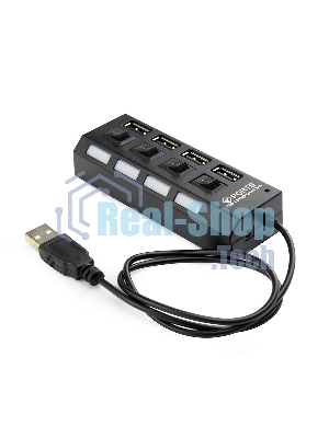 Разветвитель USB2.0 Gembird 4xUSB, блок питания 2А, подсветка и выкл, кабель USB 55 см, черный