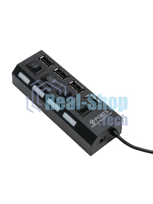 Разветвитель USB2.0 Gembird 4xUSB, блок питания 2А, подсветка и выкл, кабель USB 55 см, черный