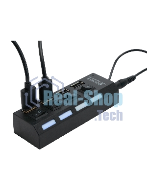 Разветвитель USB2.0 Gembird 4xUSB, блок питания 2А, подсветка и выкл, кабель USB 55 см, черный