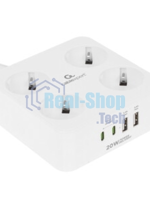 Сетевой фильтр Cablexpert Plate, PLT-4-C2U2-W-3, 4р, 10А, 2xType-C PD, 20Вт, 2xUSB, 2.4A, 3 м, ур. защиты 4+, белый, коробка