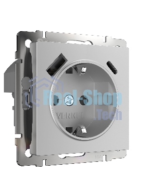 Розетка с заземлением, шторками и USB тип A+C (серебряный)