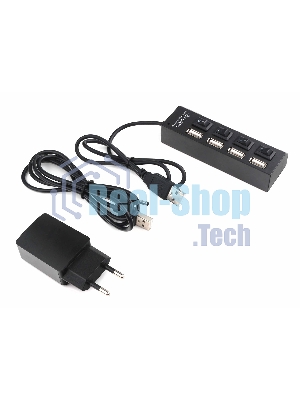 Разветвитель USB2.0 Gembird 4xUSB, блок питания 2А, подсветка и выкл, кабель USB 55 см, черный