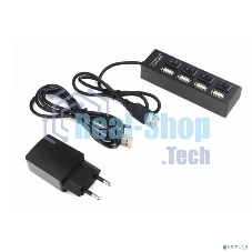 Разветвитель USB2.0 Gembird 4xUSB, блок питания 2А, подсветка и выкл, кабель USB 55 см, черный