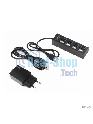 Разветвитель USB2.0 Gembird 4xUSB, блок питания 2А, подсветка и выкл, кабель USB 55 см, черный