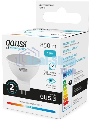 Лампа светодиодная Gauss Elementary 13521 11Вт цок.:GU5.3 софит 180B св.свеч.бел.нейт. MR16 (упак.:10шт)