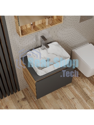 Комплект: тумба Bau Dream Blackwood графит 60, 1 ящик, раковина прямоугольная BAU Cerama 48х37, мрамор, смеситель Hotel Stil, нерж сталь, выпуск клик клак хром