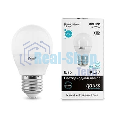 Лампа светодиодная Gauss LED Elementary Шар 8W E27 540lm 4100K 1/10/100 0