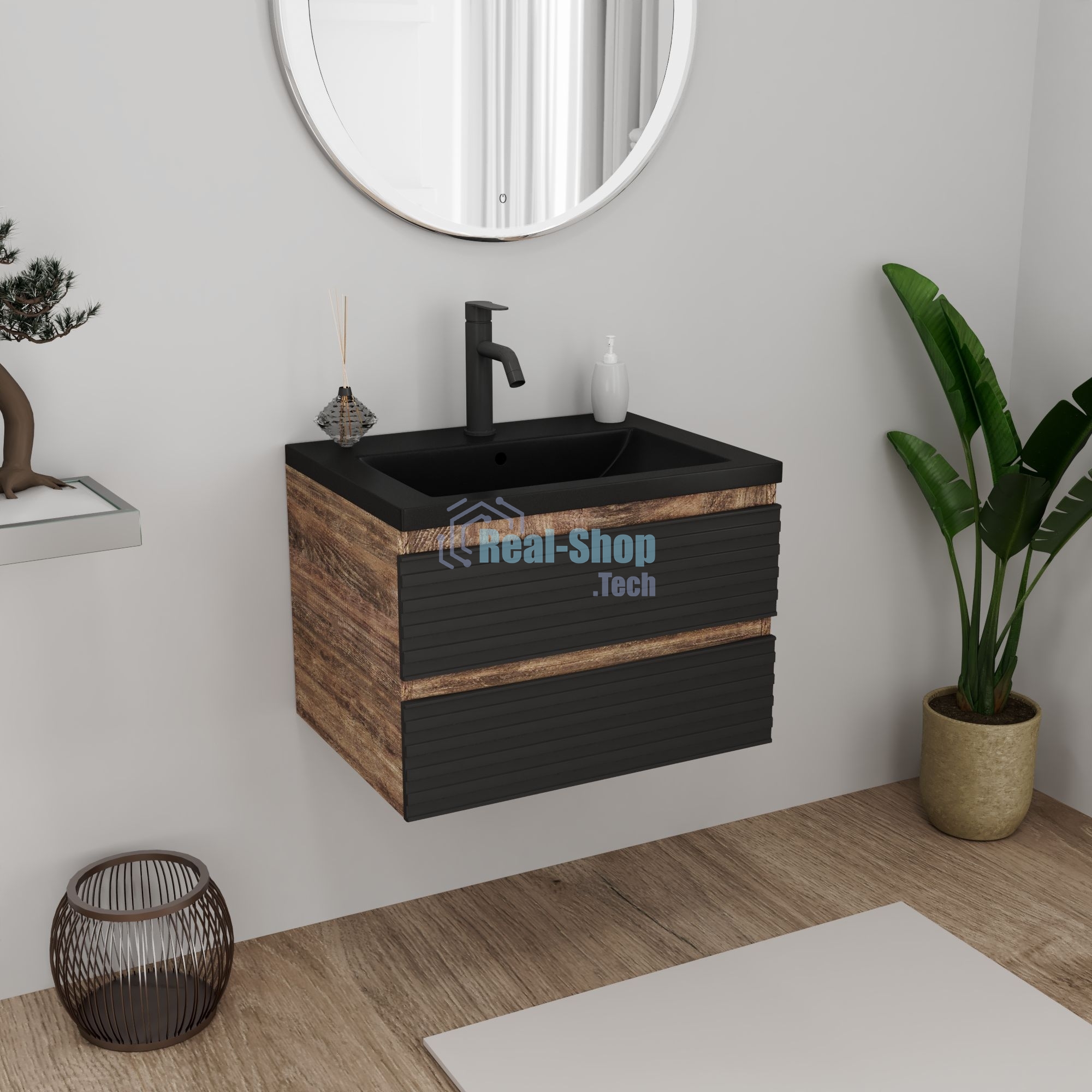 Тумба под раковину Bau Stil Loft black brushed, раковина кварцевая BAU Stil 58, черный металлик