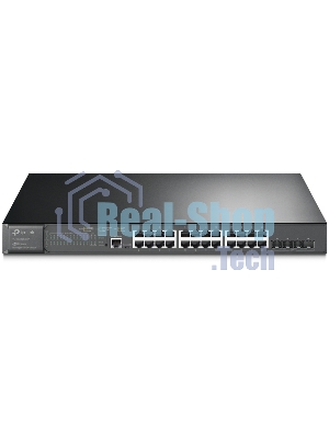 Коммутатор TP-Link 24-port Gigabit Managed PoE switch with 4 10G SFP+ ports, support 802.3af/at PoE, 1 console port, 19-inch rack mount, support L2/L2+ features.