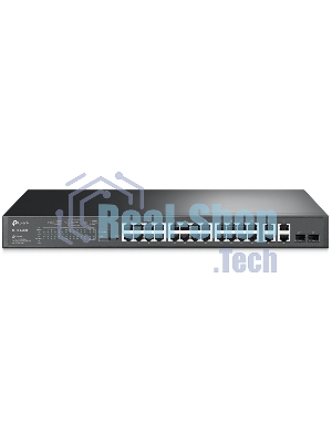 Коммутатор сетевой JetStream 24-port 10/100Mbps + 4-port Gigabit L2 Smart Switch with 24-port PoE+, PoE budget up to 250W, support PoE power management, with abundant L2 features,1U rack mountable, full managed via web UI/CLI/SSH/Telnet/SNMP