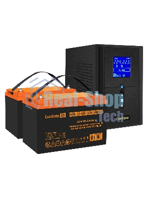 Комплект Источник бесперебойного питания EX295988RUS + батарея 100Aч EX285656RUS 2шт (инвертор, синус, для котла) ExeGate SineTower SZ-1500.LCD.AVR.2SH.1C13.USB 1500VA/1200W, чистый синусоида, LCD дисплей, AVR, 2хSchuko+1хC13, USB, линейно-интерактивный, Black + батарея ExeGate HRL 12-100 (12В, 100А·ч) 2шт