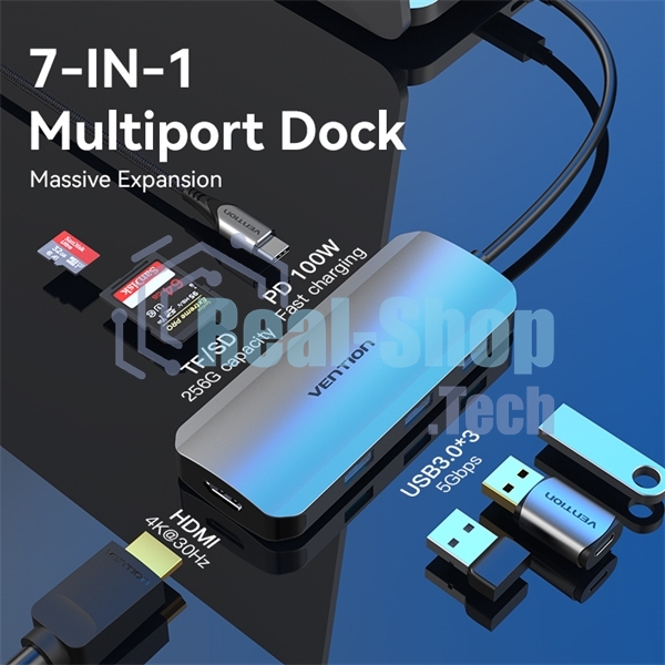 USB-концентратор Vention USB-C to HDMI/USB 3.0x3/SD/TF/PD Docking Station Gray 0.15M Aluminum Alloy Type