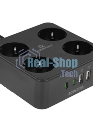Сетевой фильтр Cablexpert Plate, PLT-4-C2U2-B-3, 4р, 10А, 2xType-C PD, 20Вт, 2xUSB, 2.4A, 3 м, ур. защиты 4+, черный, коробка