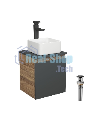 Тумба Bau Dream Blackwood 35 с ящиком, графит, раковина BAU Mini 24х24, смеситель для раковины высокий Hotel Black, черный, выпуск клик клак, черный
