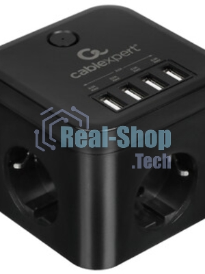 Сетевой фильтр Cablexpert Cube CUBE-3-U4-B-1.5, 3 р, 10А, 4хUSB, 1.5 м, ур.защиты 4+, черный, коробка