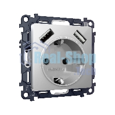 Комплект механизма электрической розетки ALFA Серебро глянец 2USB A+A 18W (быстрая зарядка) с/з QUANT (AP4090, VM155) MA409010