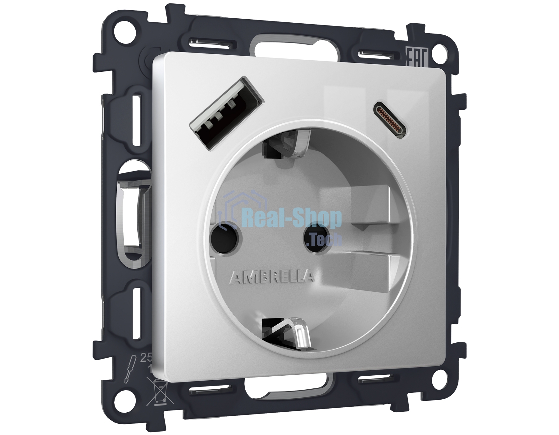 Комплект механизма электрической розетки ALFA Серебро глянец 2USB A+C 20W (быстрая зарядка) с/з QUANT (AP4100, VM160) MA410010