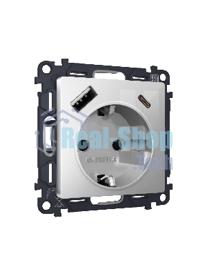 Комплект механизма электрической розетки ALFA Серебро глянец 2USB A+C 20W (быстрая зарядка) с/з QUANT (AP4100, VM160) MA410010