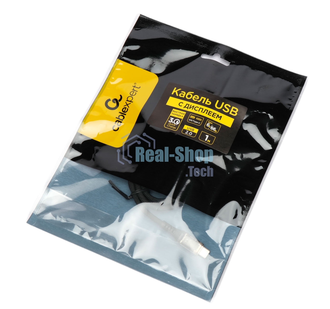 Кабель USB2.0 Cablexpert CCP-USB2-AMCM-SCR-1M, AM/Type-C, 6A, 66Вт, QC3.0, дисплей, оплетка, медь, 1м, черный, пакет
