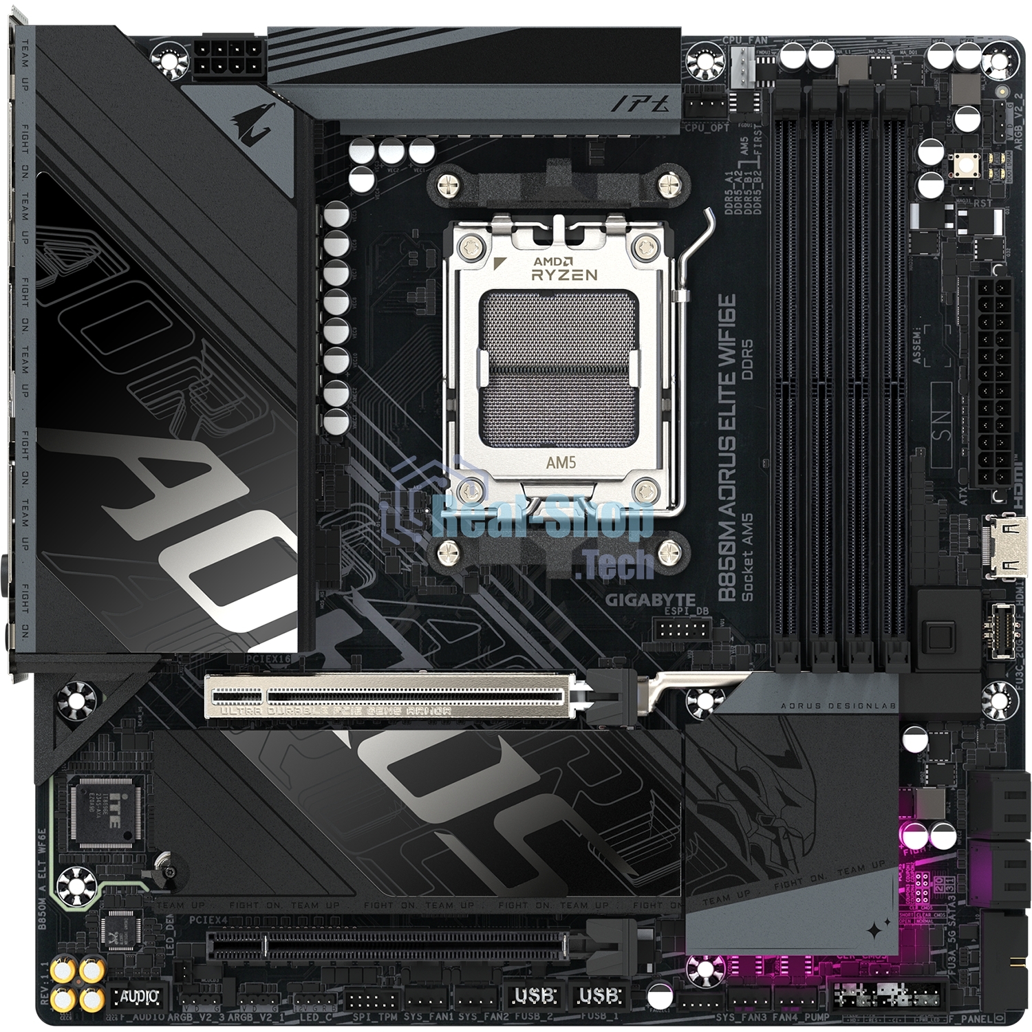 Материнская плата Gigabyte B850M AORUS ELITE WIFI6E, AM5, AMD B850, 4xDDR5, 4xSATA, 2xM.2, 1xPCIe 5.0 x16, 1xPCIe 3.0 x4, 1xDP (v1.4), 1x2.5Gb LAN, Wi-Fi 6E, Bluetooth 5.3, 2xUSB-C 10Gbps, 2xUSB-A 10Gbps, 5xUSB-A 5Gbps, 4xUSB-A 2.0, S/PDIF, 2x3.5 мм, 7.1, mATX