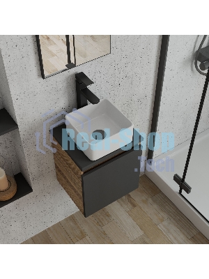 Тумба Bau Dream Blackwood 35 с ящиком, графит, раковина BAU Mini 24х24, смеситель для раковины высокий Hotel Black, черный, выпуск клик клак, черный