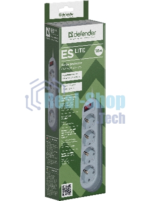 Сетевой фильтр Defender ES Lite, 1.8 м, 4 розетки, серый