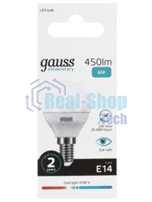 Лампа светодиодная Gauss Elementary 53226T 6Вт цок.: E27 шар 180B 4100K св. свеч. белый. нейт. (упак.: 3 шт)