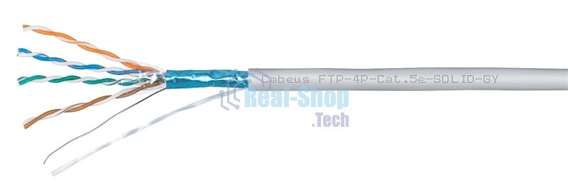 Кабель витая пара экранированная Cabeus FTP-4P-Cat.5e-SOLID-LSZH-GY FTP (F/UTP), cat. 5e, 4 пары (24 AWG), одножильный, серый, экран - фольга, LSZH, нг(А)-HF, (305 м)