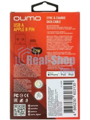 Кабель Qumo, MFI С91, USB-Apple 8 pin, 1м, 5-9В, до 2А, 18Вт, опл.нейлоновая леска, кон. металл серебро, белая оплетка