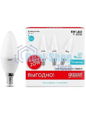 Лампа светодиодная Gauss Elementary 33126T 6Вт цок.: E14 свеча 180B 4100K св. свеч. белый. нейт. (упак.: 3 шт)
