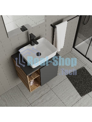 Тумба Bau Dream Blackwood 60 правая, графит, раковина BAU Cerama 48х37 белая, смеситель Hotel Black, черный, выпуск клик клак черный
