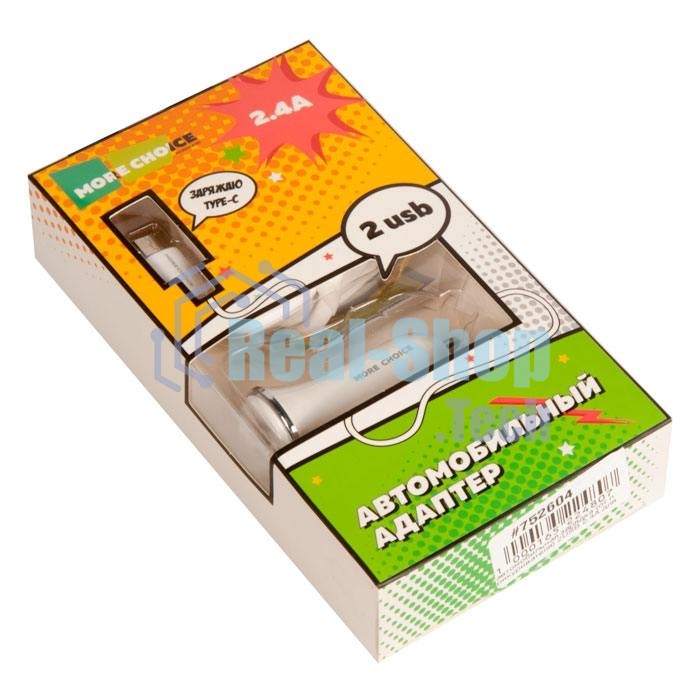 Автомобильная зарядка (от прикуривателя) 2USB 2.4A для Type-C More choice AC22a, белый