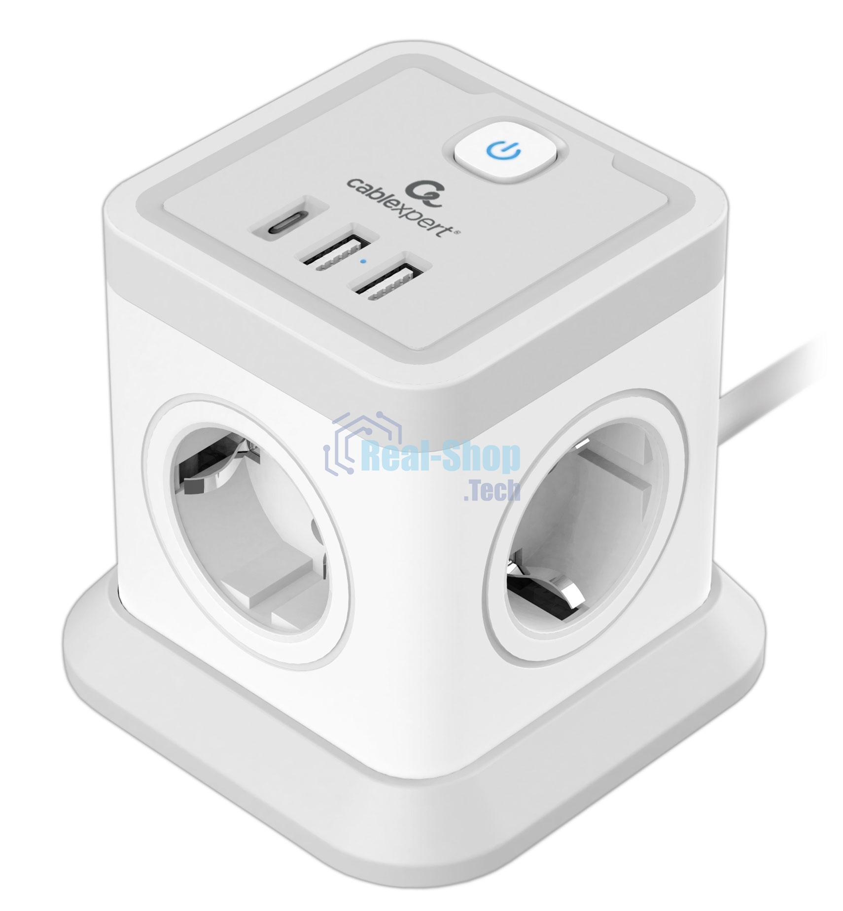 Сетевой фильтр Cablexpert Tower, TWR-4-CU2-W-2, 4р, 10А, 1xType-C PD, 20Вт, 2хUSB, 2 м, ур. защиты 2+, белый, коробка