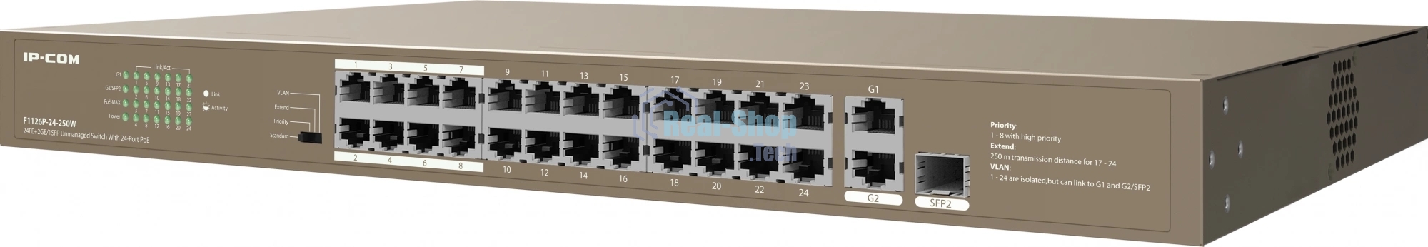 Коммутатор IP-COM F1126P-24-250W PoE неуправляемый 26-Ports 10/100 Mbps Base-TX + 1-Port 1000 Base-X SFP/24-Ports PoE (PoE бюджет 230W)