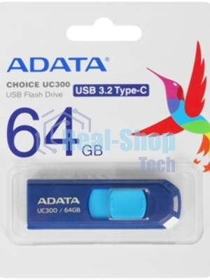 Флешка USB ADATA UC300 (ACHO-UC300-64G-RBK/GN), 64Gb, Type-C USB 3.2, R/W 100/30, черный/зеленый