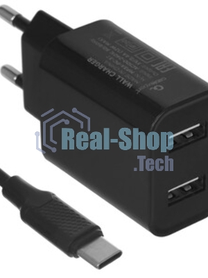 Сетевое зарядное устройство Cablexpert MP3A-PC-37 USB 2 порта, 2.4A, черный + кабель 1м Type-C