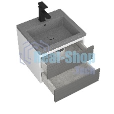 Тумба под раковину Bau Stil Loft grey brushed, раковина кварцевая BAU Stil 50, серый металлик, смеситель Hotel Black, черный