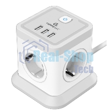 Сетевой фильтр Cablexpert Tower, TWR-4-U3-W-3, 4 р, 10А, 3xUSB, 3.1А, 3 м, ур.защиты 2+, белый, коробка