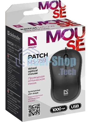 Мышь проводная Defender Patch MS-759 черный, 1000 dpi, USB, кнопки - 3