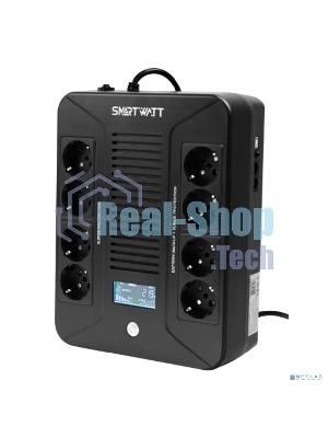 Источник бесперебойного питания SMARTWATT UPS SAFE PRO LCD 800 черный 800/480 ВА/Вт, напольный/настенный, линейно-интерактивный, LCD дисплей, Shuko CEE7/4 - 8 шт. (4 шт. с резервным питанием, 4 шт. - сетевой фильтр)