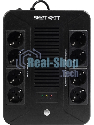 Источник бесперебойного питания SMARTWATT UPS SAFE PRO 1000 черный 1000/600 ВА/Вт, линейно-интерактивный, напольный/настенный, LED индикация, Shuko CEE7/4 - 8 шт. (4 шт. с резервным питанием, 4 шт. - сетевой фильтр)