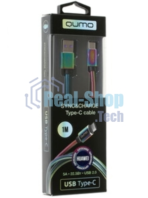 Кабель Qumo Type-С кабель, 1м, USB 2.0, 5В, 2А, 10Вт, тканевая оплетка, стальной коннектор, черный