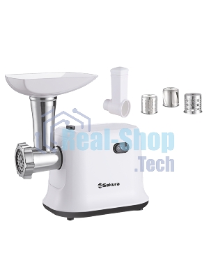 Мясорубка электрическая Sakura SA-6420SW белый, 1500 Вт, 1.4 кг/мин, реверс, защита от перегрузки, насадки - 4