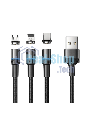 Кабель USB Rexant 3в1 со съемными магнитными портами, Type-С (2A), Lightning (2,4A), Micro USB (2A), 1,2м, в черной оплетке, с LED подсветкой