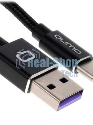 Кабель Qumo Type-С кабель, 1м, USB 2.0, 5В, 5А, 25Вт, тканевая оплетка, стальной коннектор, черный